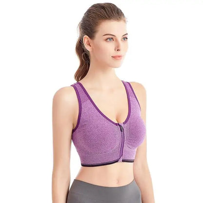 Women’s Front Zipper Sports Bra – Shockproof Seamless Breathable Wireless Fitness & Running Bralette