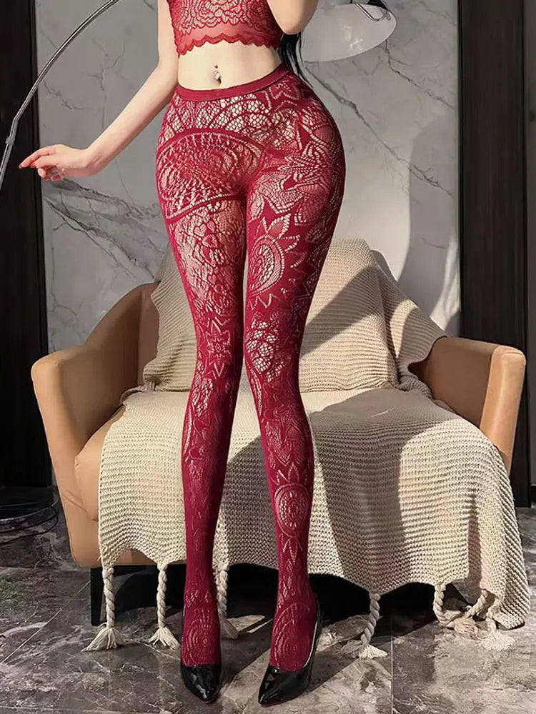 Black & Red Flower Lolita Women’s Socks – Classic Lace Mesh Pantyhose Tights with Rattan Stocking Design