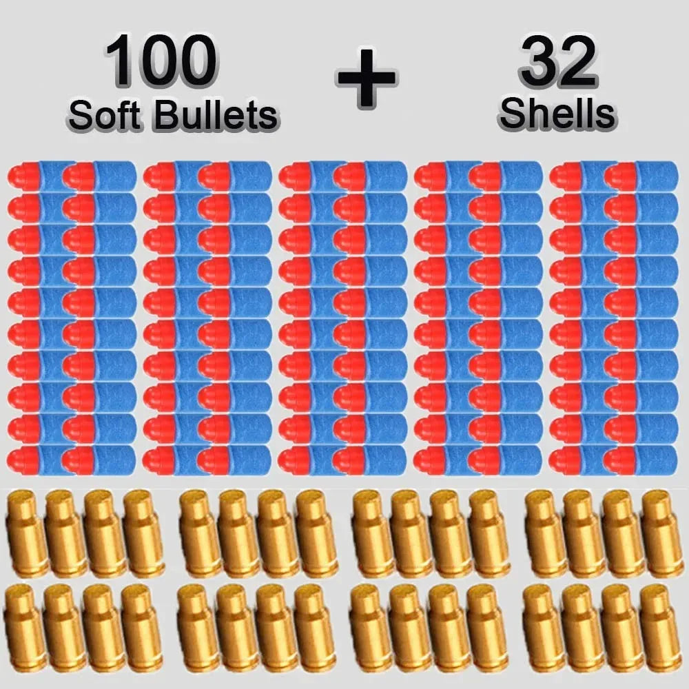 32 Shells & 100 Soft EVA Bullets – Toy Gun Ammo for Glock, Colt 1911 Shooting Game for Kids & Boys