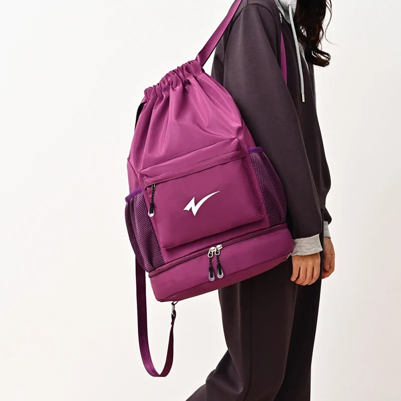 Drawstring Fitness Bag — Lightweight Multi-Pocket Gym Backpack with Separate Shoe Compartment, Foldable Outdoor Training Bag