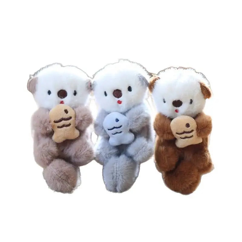 Cute Otter Plush Keychain - Otters Holding Fish Pendant for Backpack, Bag & Wallet Decor