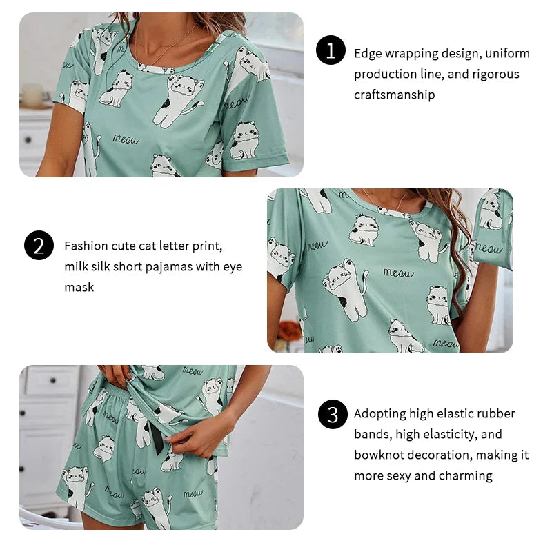 Women’s Pajama Set — 2-Piece Short Sleeve Cartoon Print Sleepwear Top & Pants Loungewear