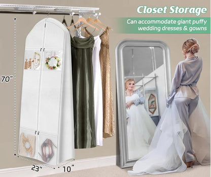 Portable 70" Wedding Dress Garment Bag — Long Dress Cover with 4 Pockets, Handles & 10" Gusset for Women