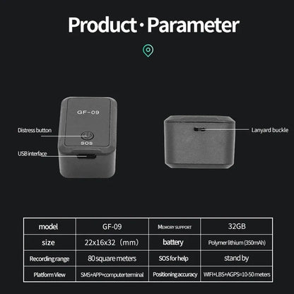 GF09 Mini GPS Tracker — Real-Time Car Locator with Voice Recording, Anti-Lost Positioner for Children, Pets & Dogs