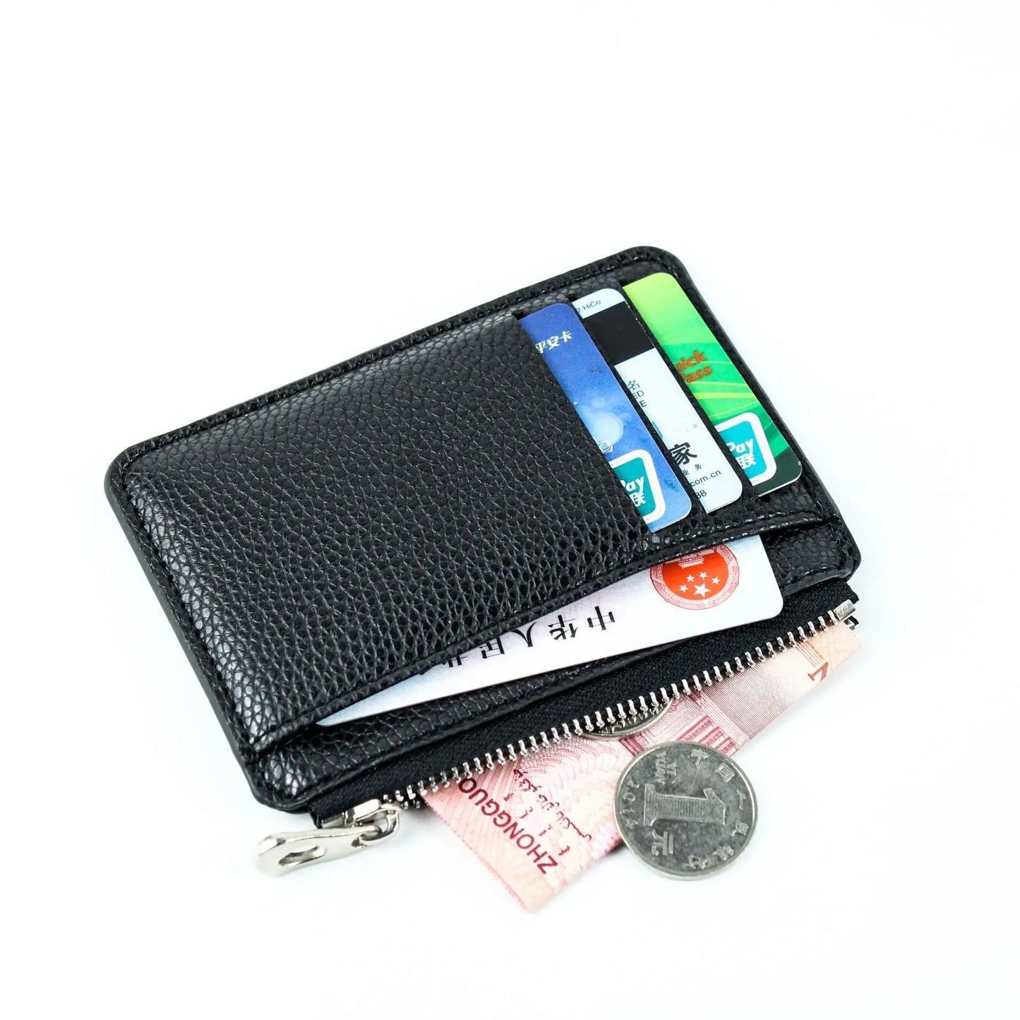 Mini Slim Zipper Card Wallet for Men — Portable Ultra-Thin Black Purse for ID, Bank & Credit Cards