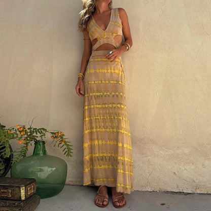 Women’s Sleeveless Summer Maxi Dress – Elegant V-Neck Hollow-Out Patchwork Party Dress, Simple Chic Fashion Print