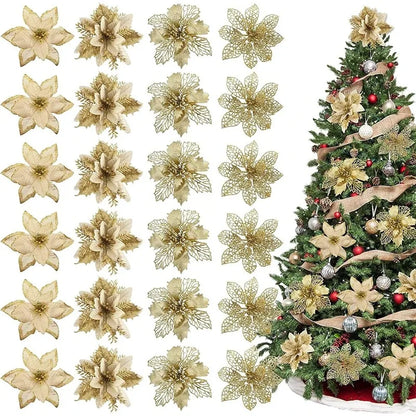 8/16PCS Christmas Decoration Set – Glitter Artificial Flowers for Tree, Home Decor, Xmas Ornaments, and New Year Decoration
