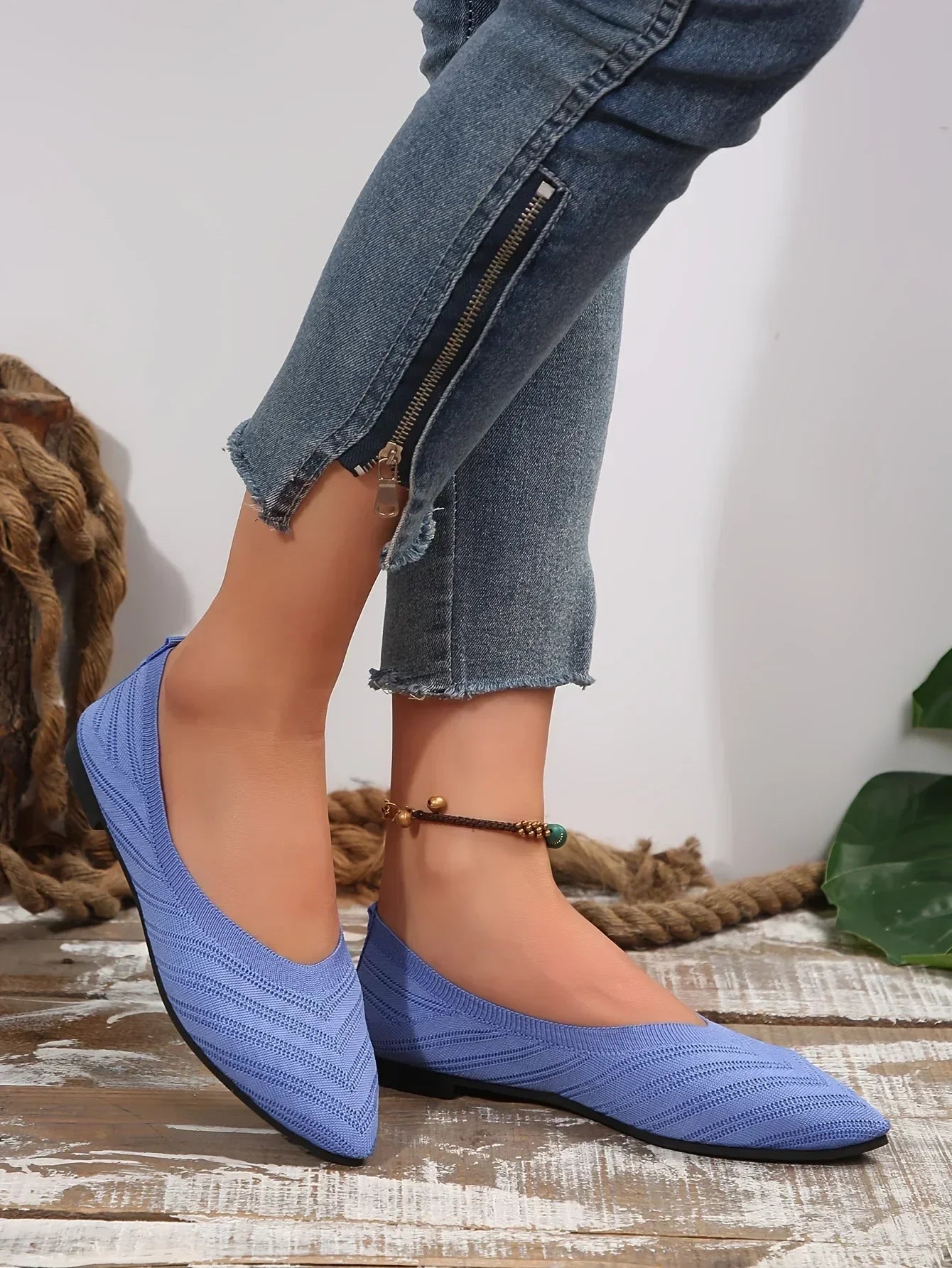 Women’s Pointed Toe Knitted Slip-On Flats – Solid Color Casual Breathable Ballet Loafers