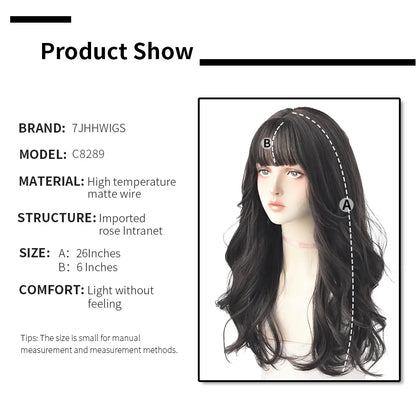 7JHH Brown Ash Long Deep Wave Lolita Wig for Women — Synthetic Hair with Bangs, Thick Curly Fashion Wig