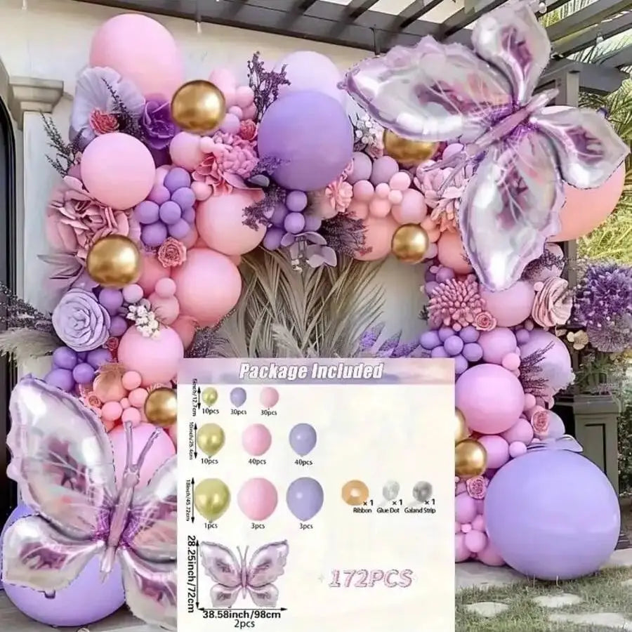 Purple Butterfly Balloon Garland Set - 172-Piece Party Decoration Kit