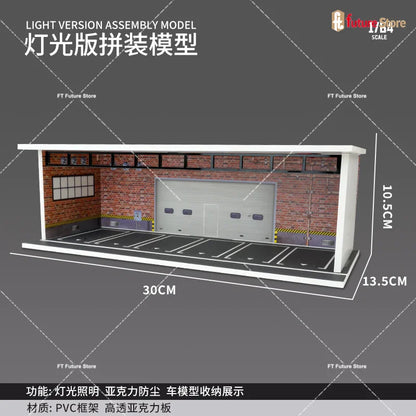1:64 Scale Garage Scene Model with Lights – Assembled Parking Lot Diorama for Miniature Car Display