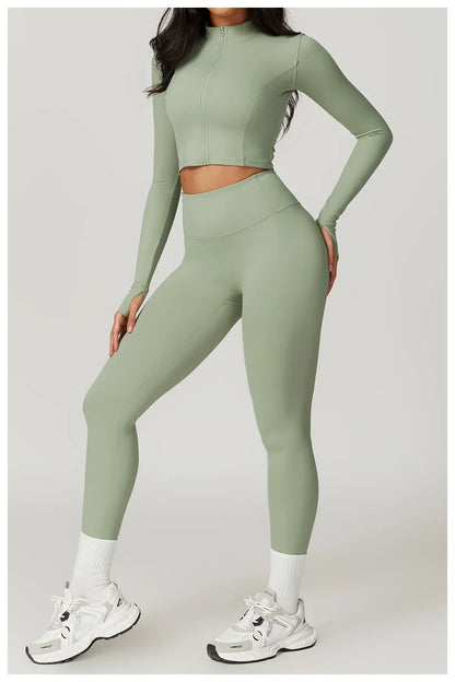 3PCS Women’s Yoga & Workout Set – Long Sleeve Zipper Top with High Waist Leggings Fitness Sportswear