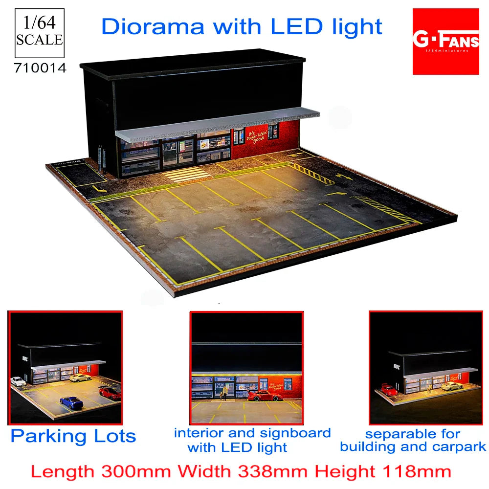 GFans 1:64 Scale Diorama Car Garage Model – LED Lighted Parking Lot DIY City Set for Collection & Display Gifts