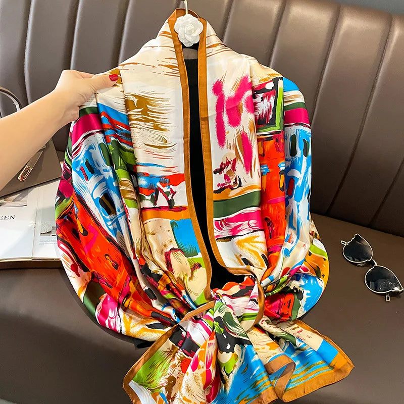 Large Silk Soft Scarf for Women - 180x90 cm Stylish Printed Long Shawl Handkerchief, Elegant Travel Wrap for Summer