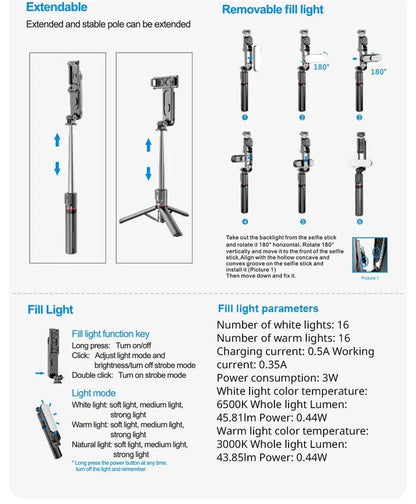 FANGTUOSI 2025 L15 Wireless Selfie Stick Tripod – Foldable Monopod with LED Light for Smartphones, TikTok & Live Shooting