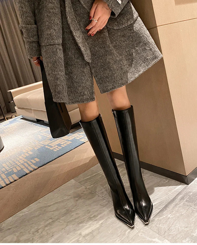 Pointed Toe Women's High Boots – Fashionable Side Zipper Long Booties, Elegant Party High Heel Shoes for Winter