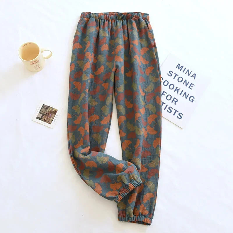 2025 Spring Summer Women's Pajama Pants – 100% Cotton Crepe Loose Fit Leaf Print Home Wear Bottoms