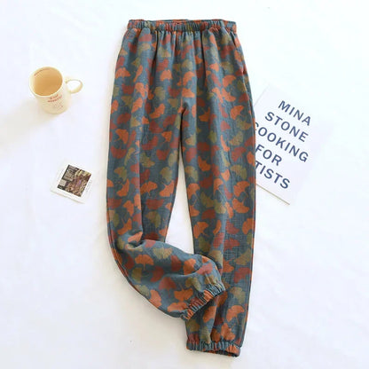 2025 Spring Summer Women's Pajama Pants – 100% Cotton Crepe Loose Fit Leaf Print Home Wear Bottoms