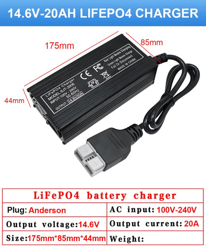 VariCore 14.6V 20A Smart LiFePO4 Battery Charger — 110-220V High-Power 4S 12V Charger for Lithium Iron Phosphate Packs