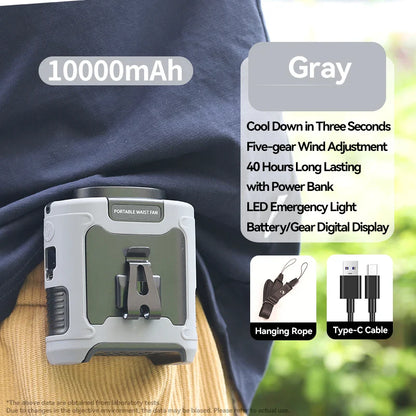 Portable Waist & Neck Hanging Fan – 5-Speed Strong Wind Cooling Fan with LED Light | 10000/20000mAh Rechargeable Battery, Outdoor Sports & Work Wearable Fan