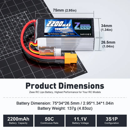 2PCS Zeee 3S 2200mAh 11.1V LiPo Battery – Shorty RC Battery with T/XT60 Plug for Cars, Drones & FPV Models