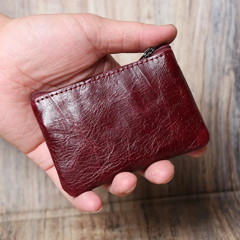 Leather Mini Coin Purse – Unisex Retro Handmade Cowhide Small Wallet with Zipper & Key Case