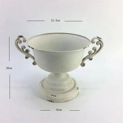 Old Goblet Antique Flower Vase – White Retro European Iron Table Arrangement Container with Handles