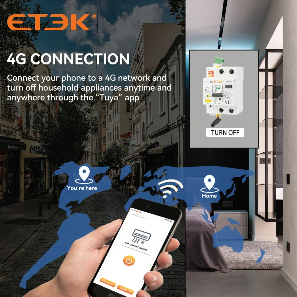 ETEK Tuya WiFi Smart Circuit Breaker RCBO – Remote Control, Short Circuit Protection, Timer, 2P 16A-63A, Smart Life App (EKR3L)