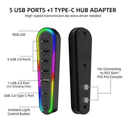 PS5 Slim/Pro 6-in-1 USB Hub Splitter – Controller Charging Expansion Adapter with 5 RGB Lights (JYS-P5231) for PlayStation 5 Accessories