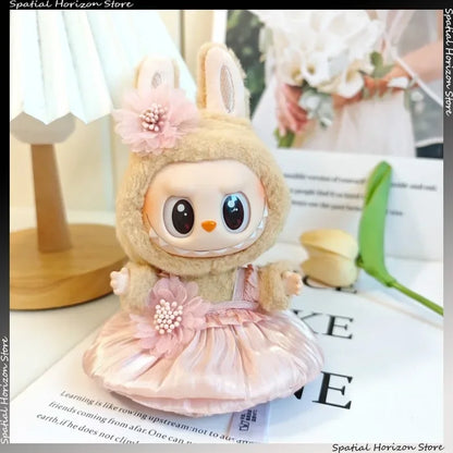 Mini Plush Doll Clothes Bud Skirt with Pearl Hair Accessory — Labubu I & II Kpop Idol Doll DIY Outfit Gift