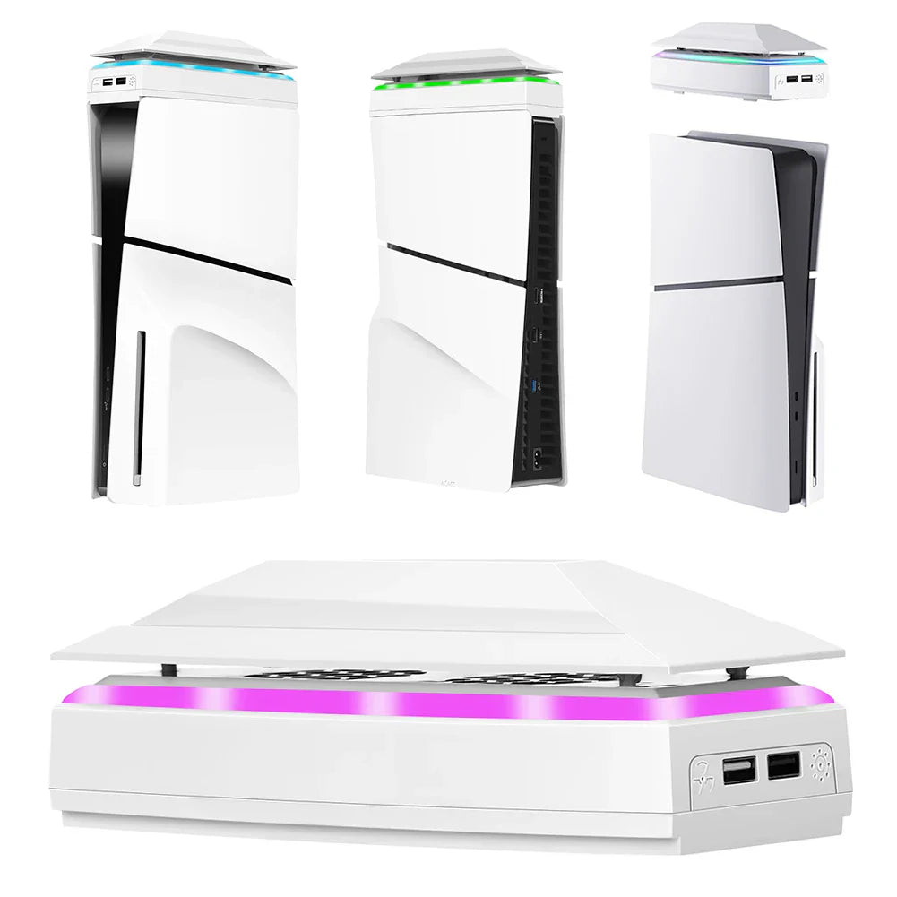 PS5 Slim RGB Cooling System with Dust Cover – Dual USB Ports, 3-Speed Adjustable Fan & Colorful LED Cooling Base for Disc/Digital Console