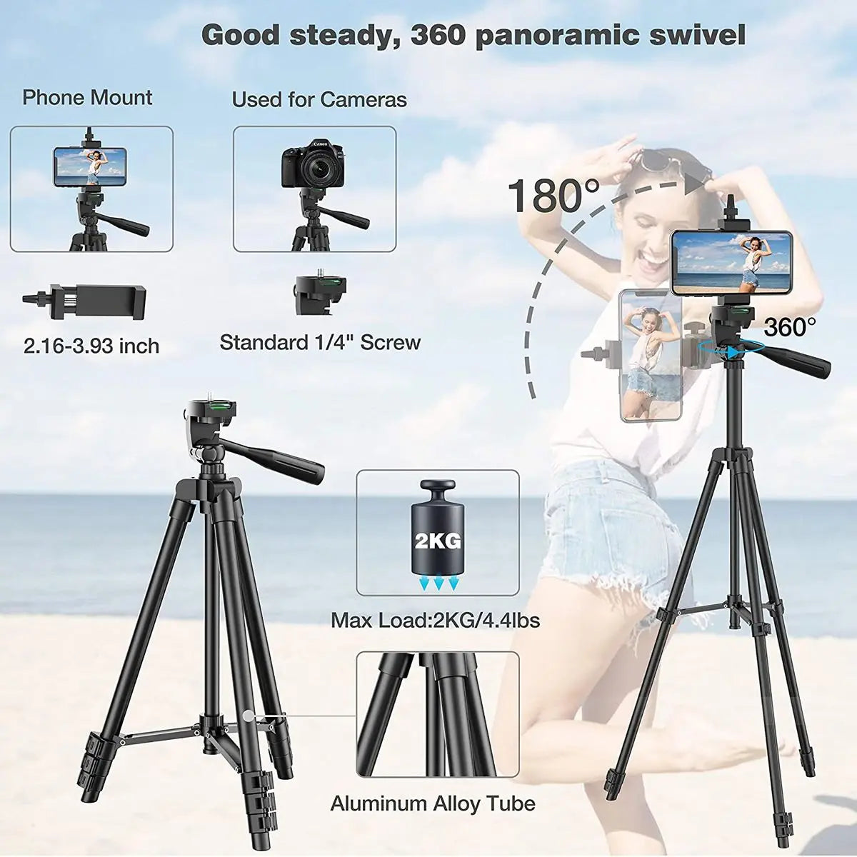 102cm Professional Phone Tripod - DSLR Camera and Photography Stand for Xiaomi, Huawei, iPhone, GoPro with Selfie Remote
