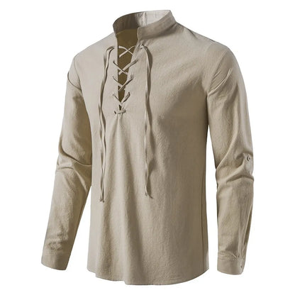 New Men's Casual Cotton Linen Shirt: Long Sleeve Tee with Slanted Placket - Spring Autumn Vintage Yoga Tops