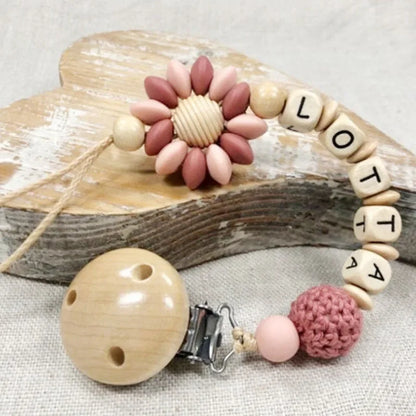 DIY Custom Name Silicone Beads & Wooden Ring Pacifier Clip – Safe Baby Teether, Eco-Friendly Dummy Chain Gift