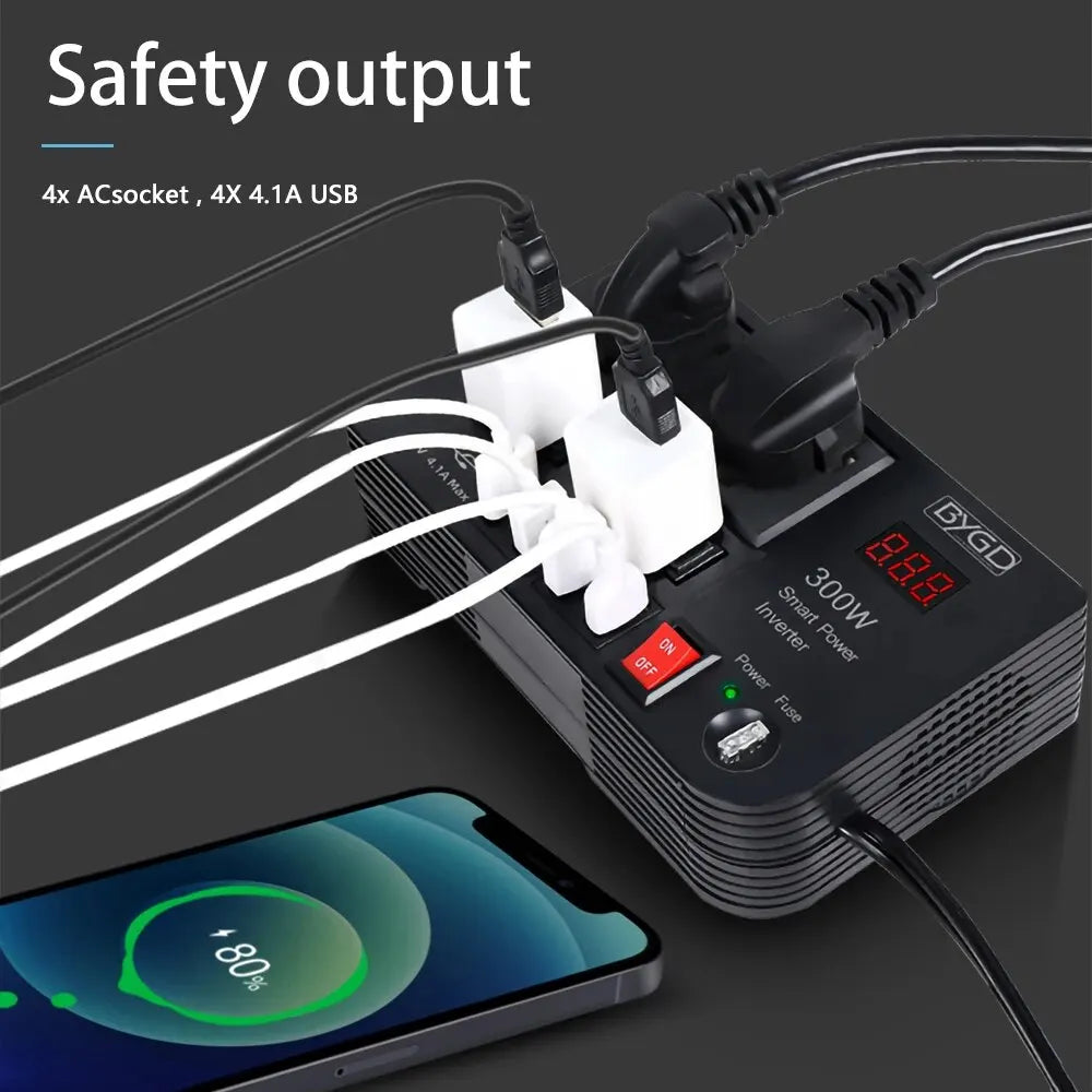 Multi-Function Home Inverter: DC 12V to 220V Modified Sine Wave, 300W High-Power Automotive Power Converter