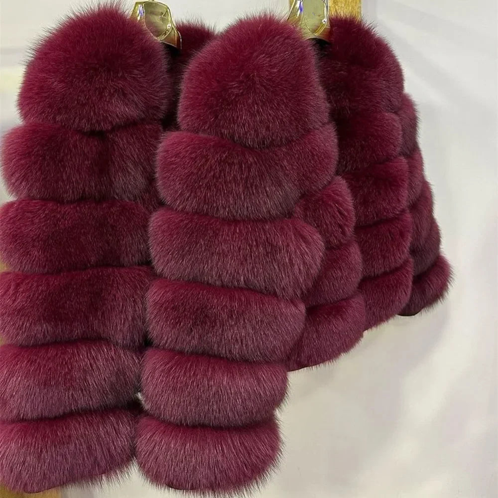 QUEENTINA Women’s Real Fox Fur Coat – Brown Leather & Skin Winter Fashion Outerwear 2025