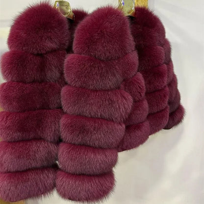QUEENTINA Women’s Real Fox Fur Coat – Brown Leather & Skin Winter Fashion Outerwear 2025