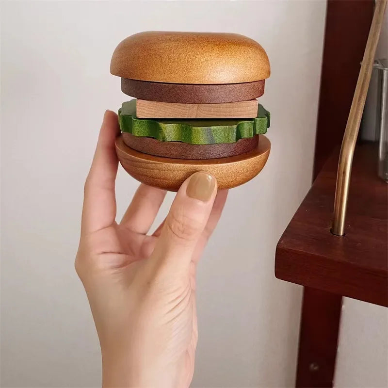 6PCS Hamburg Shape Teacup Tray Set – Solid Wood Coasters for Cupcakes, Snacks & Desserts, Anti-slip Burger Insulation Mats
