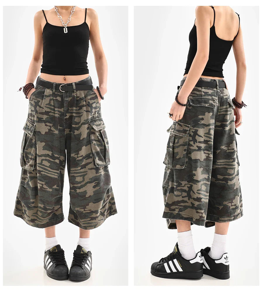 Women’s Summer Camouflage Cargo Capris — Loose Street Style Calf-Length Casual Shorts