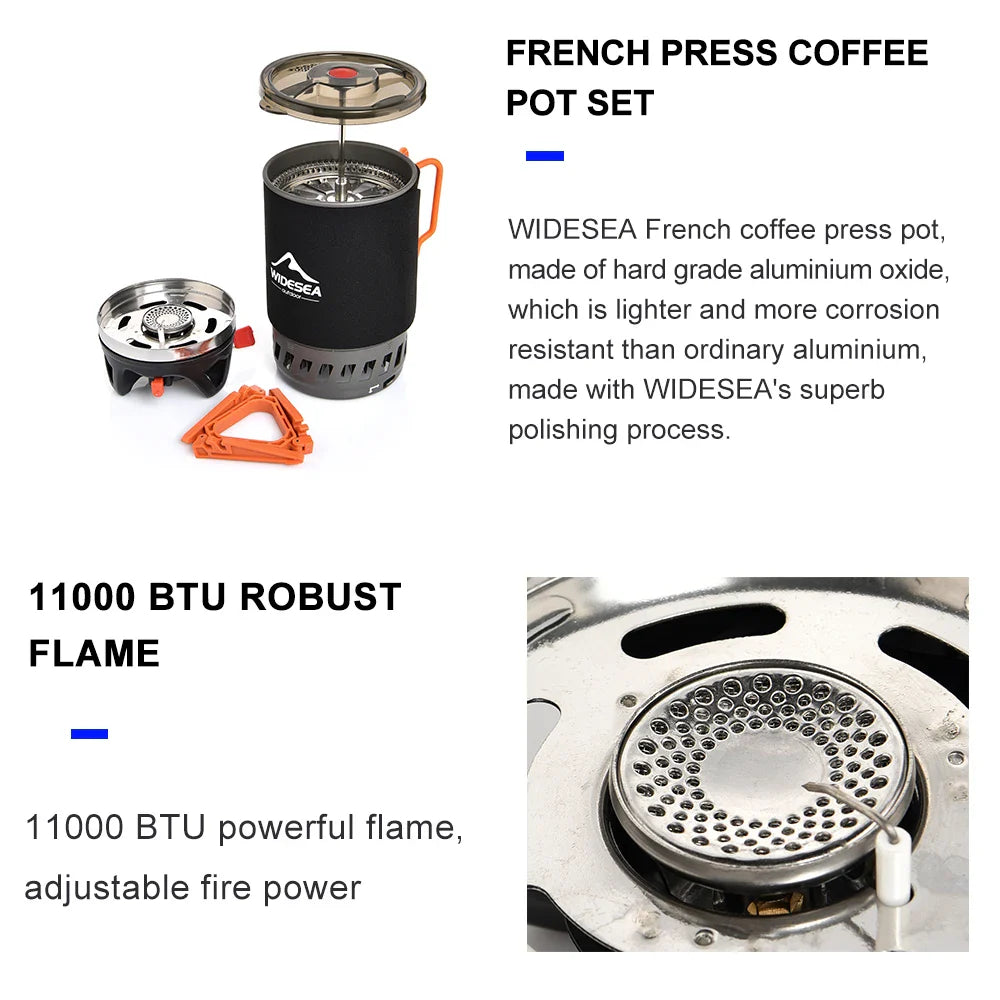 Widesea Camping Cooking System – Gas Stove Burner with Heat Exchanger, Coffee Pot & Cookware for Outdoor Tourism
