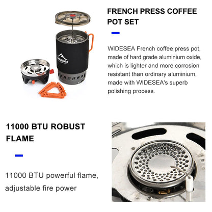 Widesea Camping Cooking System – Gas Stove Burner with Heat Exchanger, Coffee Pot & Cookware for Outdoor Tourism