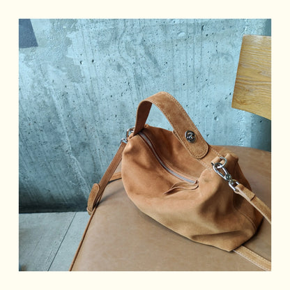Simple Autumn Winter Grey & Brown Boston Tote — Soft Matte Suede Cow Leather Women's Shoulder Handbag