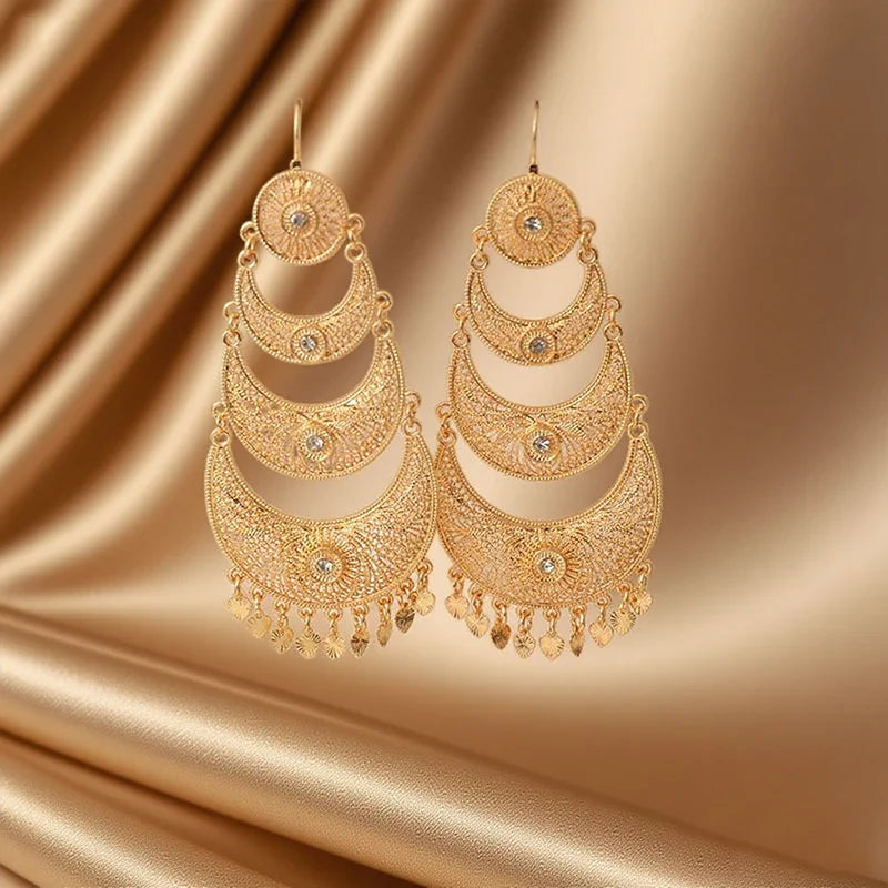 Vintage Moon & Heart Tassel Dangle Earrings for Women – Ethnic Tribal Arabesque Drop Jewelry