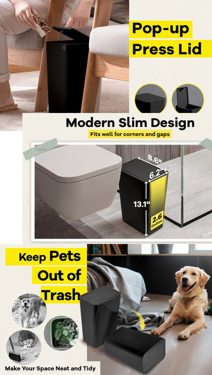 10L Bathroom Trash Can with Press Top Lid – Small Plastic Garbage Bin for Toilet, Bedroom & Living Room