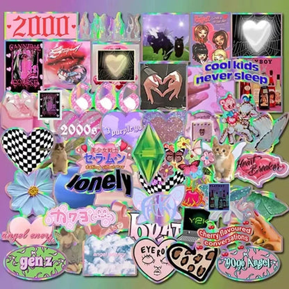 50PCS Y2K Pink Girl Stickers - Cute Laser Decals for Laptops, Phones, Suitcases & Scrapbooks