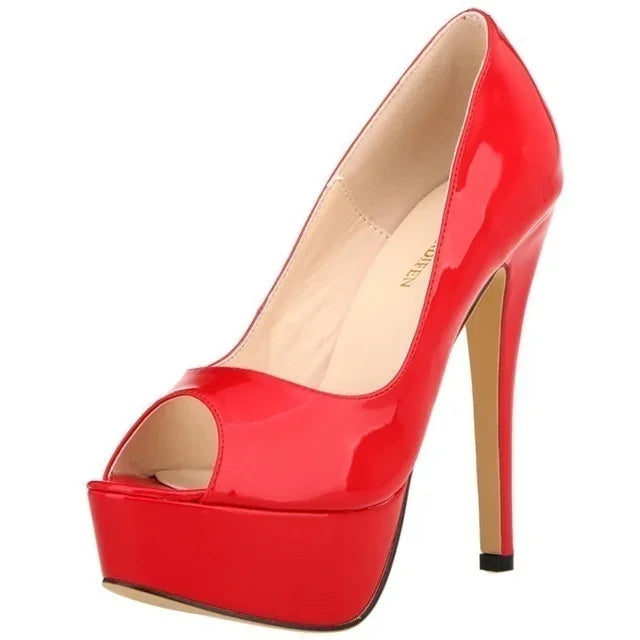 Women’s Sexy Platform Peep Toe Pumps – 14cm Stiletto Patent Leather High Heels for Party & Wedding