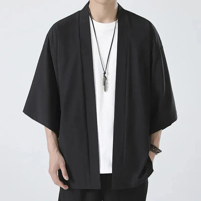 Men’s Casual Open Stitch Shirt - Lightweight Black Yukata Cardigan with 3/4 Sleeves for Summer Vacation