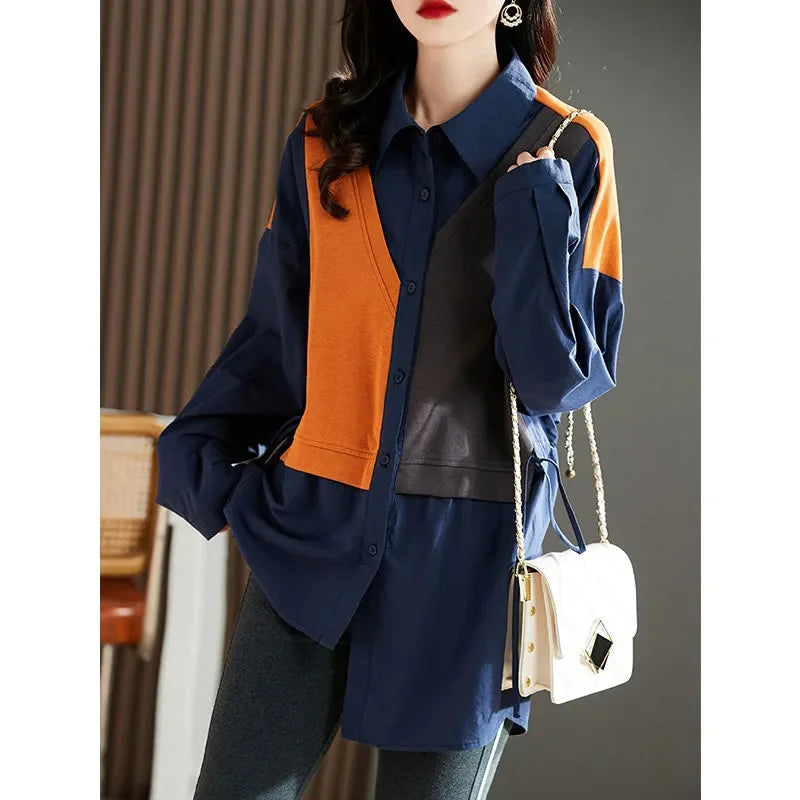 Women’s Fashion Lantern Sleeve Shirt – French Patchwork Blouse, Single-Breasted Business Casual Office Top