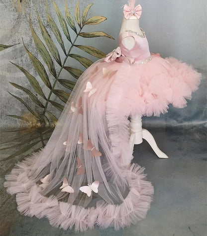 Pink Flower Girl Dress with Train - Puffy Bow Birthday and First Communion Dress