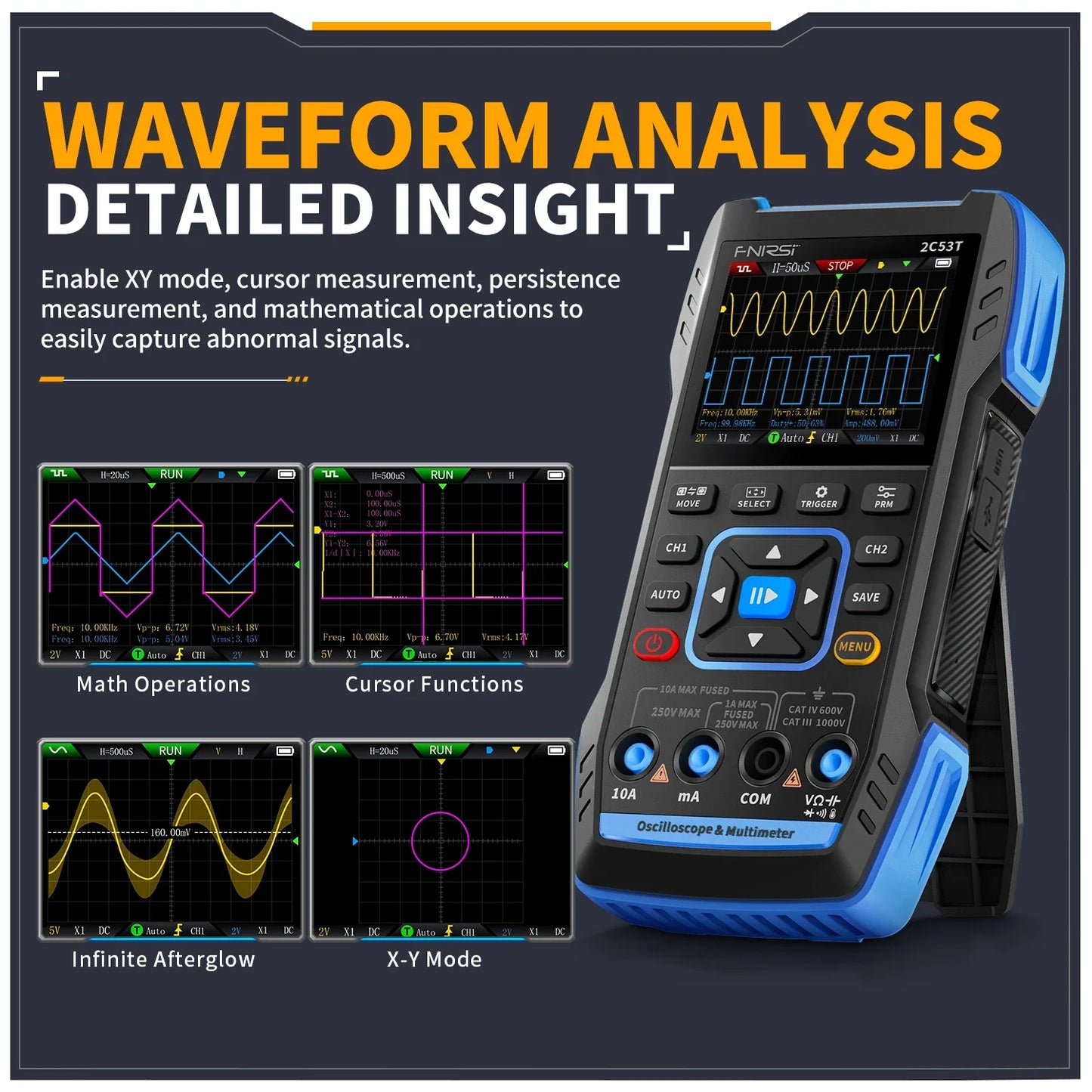 FNIRSI 2C23T / 2C53T 50MHz Handheld 3-in-1 Digital Oscilloscope Multimeter Signal Generator Dual Channel Automotive Diagnostic Tool
